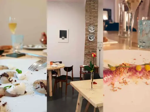 Un'elegante cena in un ristorante a Rimini. Piatti raffinati, bicchieri di vino e un'atmosfera accogliente con dettagli artistici.