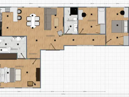 Plano de distribución de una casa con cocina, salón, baño, y tres habitaciones. Ideal para aprender como hacer un plano de mi casa.