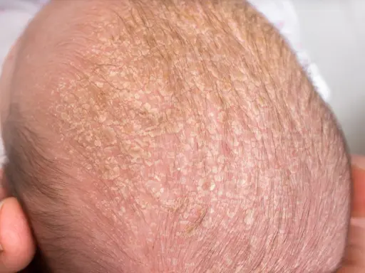 Testa di neonato con crosta lattea, squame giallastre e sottili capelli scuri.
