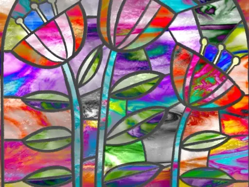 Un vitrail moderne dessin aux couleurs vives, représentant des fleurs stylisées aux formes organiques.