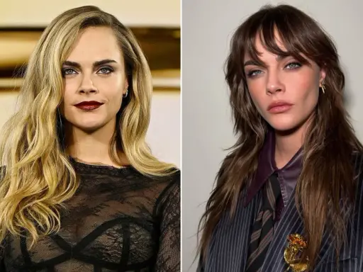 Cara Delevingne con cabello rubio y labios oscuros, y Cara Delevingne con cabello castaño y traje a rayas.