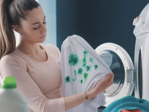 Mujer decepcionada revisa ropa blanca desteñida de azul, con manchas verdes, junto a una lavadora.