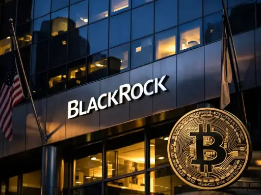 Budynek BlackRock z logo i monetą Bitcoin. Amerykańska flaga powiewa obok.