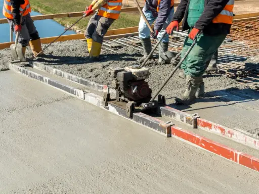Budowlańcy używają wibrołaty do wyrównania świeżego betonu na budowie.