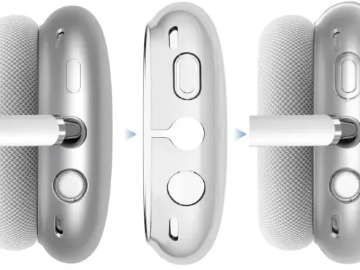 Przezroczyste etui na słuchawki AirPods Max, pokazujące, jak chroni przyciski i port.