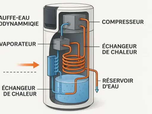 Schéma d'un chauffe-eau thermodynamique : évaporateur, compresseur, échangeur de chaleur et réservoir d'eau.