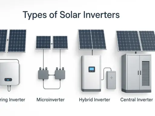 Olika typer av solcellsinverterare: sträng-, mikro-, hybrid- och centralinverterare.