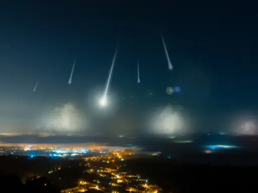 Noc perseidów nad miastem. Spadające gwiazdy przecinają ciemne niebo, oświetlając mgliste doliny i rozświetlone światłami zabudowania.