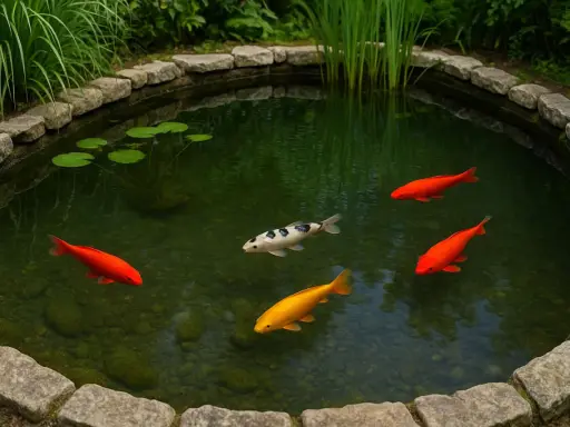 Cinq poissons de bassin, dont trois rouges vifs, un blanc et noir, et un doré, nagent dans un étang verdoyant bordé de pierres.