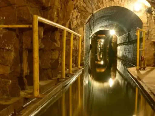 Podziemny tunel z wodą i żółtymi poręczami, idealny na zwiedzanie kopalni.