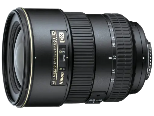 Obiektyw Nikon AF-S DX NIKKOR 17-55mm f/2.8G ED z widocznymi oznaczeniami ogniskowych i przysłony.