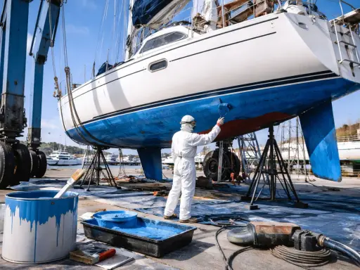 Peinture d'un bateau en cale sèche, un ouvrier en combinaison applique la peinture bleue. Le prix peinture bateau au m2 est calculé pour ce type de travail.