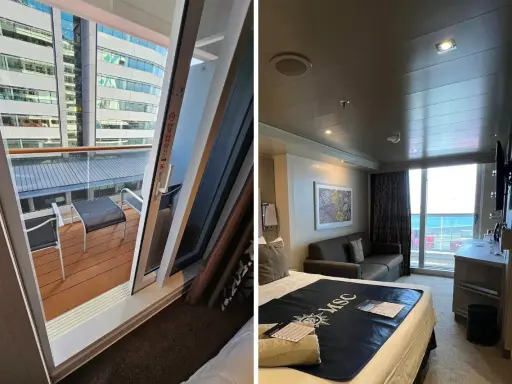 Interno di una crociera cabina con balcone. Vista sul balcone con tavolino e sedie, e la camera da letto con letto e divano.