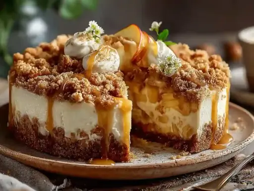 Ein köstlicher Apfel-Crumble-Käsekuchen, dekoriert mit Sahne und Karamell. Ein perfektes Crumble Rezept für Genießer.