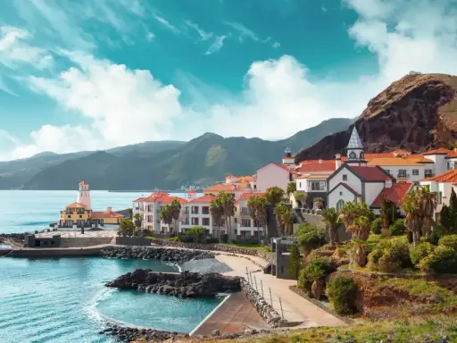 Bunte Häuser mit roten Dächern am Meer, Palmen und Berge im Hintergrund. Ein Leuchtturm wacht über die Küste. Perfektes Klima Portugal.