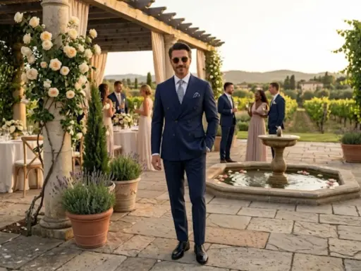 Sharp navy double-breasted suit, perfect for summer wedding suit ideas. Guests mingle by a fountain in a vineyard setting.
