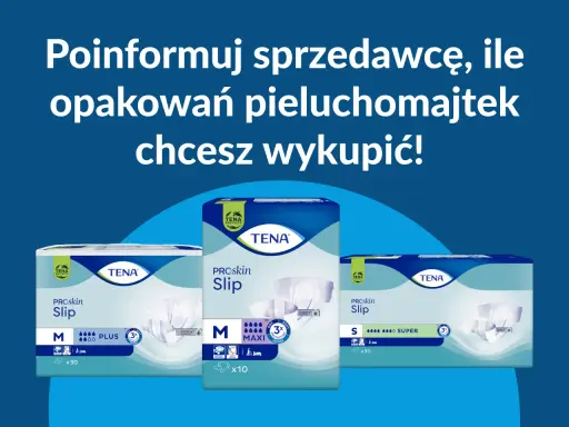 Pieluchomajtki TENA PROskin Slip - informacja o refundacji dla osób ze znacznym stopniem niepełnosprawności. Wybierz rozmiar i ilość.