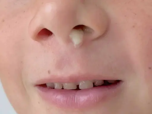 Un bambino ha un po' di muco trasparente dal naso che cola.