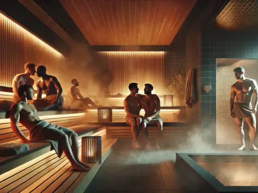 Men relax in a steamy gay sauna in Osaka. Warm lighting and wooden benches create a serene atmosphere.