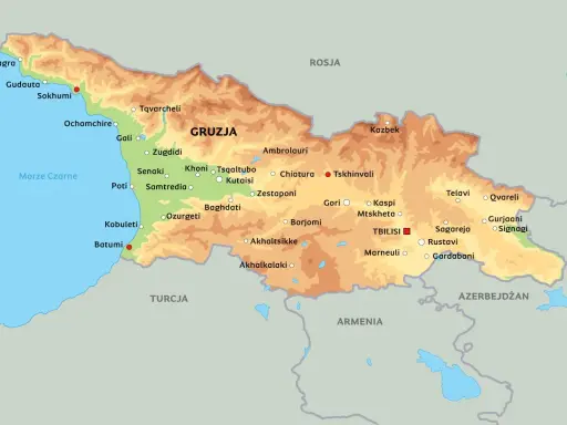Mapa polityczna Gruzji, pokazująca jej położenie między Morzem Czarnym, Rosją, Turcją, Armenią i Azerbejdżanem. Widoczne miasta i ukształtowanie terenu.