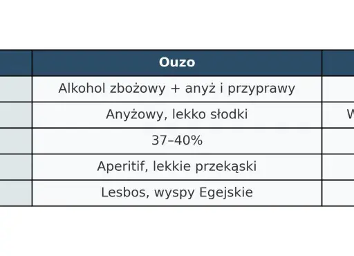 Tabela porównująca Ouzo i Tsipouro, dwa rodzaje greckiego alkoholu: skład, smak, moc i pochodzenie.