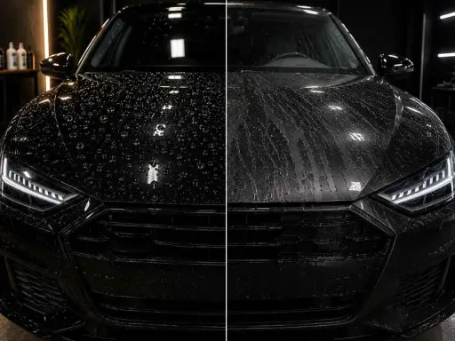 Porównanie: lewa strona maski czarnego Audi z perlistymi kroplami wody, prawa strona z wodą spływającą smugami. Efekt ochrony lakieru samochodowego.
