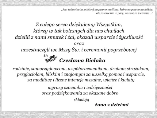 Wyrazy wdzięczności i podziękowania za udział w pogrzebie Czesława Bielaka.
