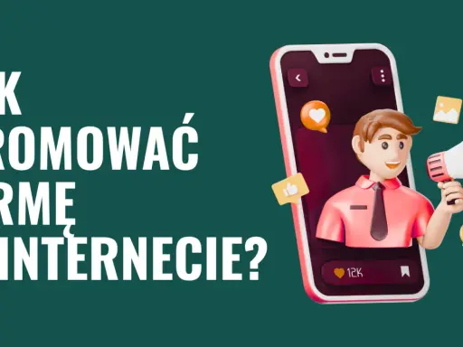 Grafika przedstawia postać z megafonem, symbolizującą skuteczne **marketing dla firm** w internecie.