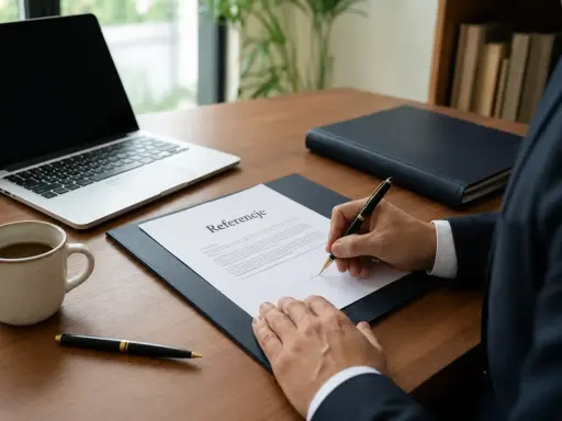 Biznesmen podpisuje referencje dla pracownika. Na biurku laptop, kubek kawy i długopis.