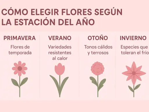 Guía para elegir tipos de flores según la estación: primavera (flores de temporada), verano (resistentes al calor), otoño (tonos cálidos) e invierno (toleran el frío).