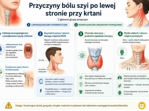 Ból tarczycy, stres i infekcje mogą powodować ból szyi. Obraz przedstawia przyczyny bólu szyi po lewej stronie przy krtani.