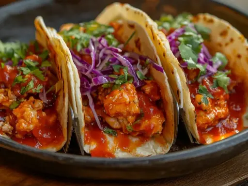 Tres tacos de pollo con salsa roja, repollo morado y cilantro fresco, servidos en un plato oscuro.