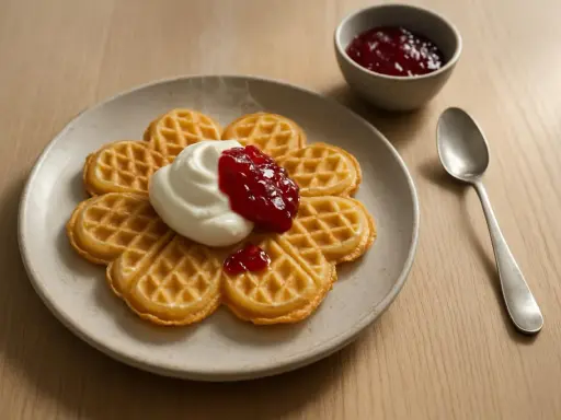 Blommformade våfflor med vispad grädde och sylt, perfekt för ett mysigt fika. Ett enkelt recept på våfflor som alla älskar.
