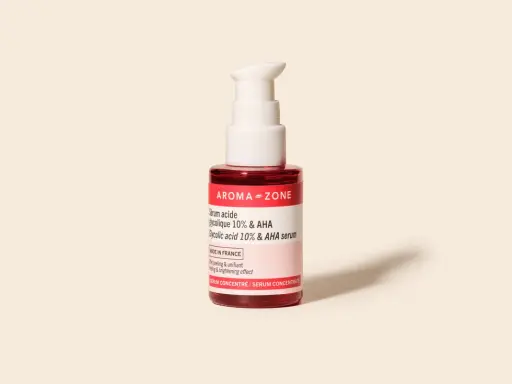 Sérum Aroma-Zone à l'acide glycolique 10% & AHA, pour un effet peeling et unifiant. Ce soin concentré promet un teint plus lumineux.