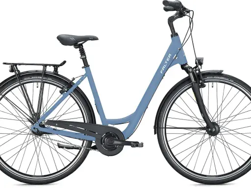 Ein blaues Citybike mit Gepäckträger und Schutzblechen, ideal für den Stadtverkehr.