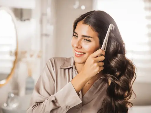 Donna sorridente si pettina i capelli scuri e ondulati, che appaiono lucidi come dal parrucchiere.