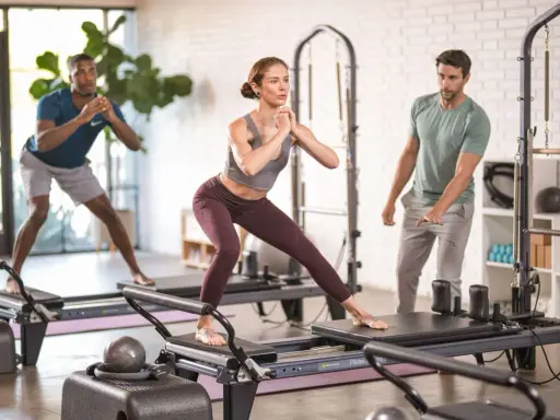 Persone che praticano pilates su reformer, un allenamento che migliora forza e flessibilità.