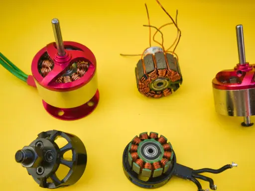 Vergleich von brushed und brushless Motoren: zwei komplette Motoren und zwei freigelegte Spulen mit Kupferwicklungen auf gelbem Hintergrund.