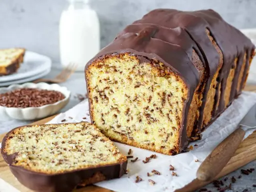 Ein saftiger, gesunder Kuchen mit Schokoladenstückchen und dunkler Glasur, daneben eine Scheibe und eine Schale Streusel.