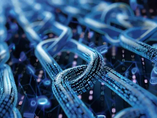 Połączone ogniwa cyfrowego łańcucha, symbolizujące technologię sui blockchain, wypełnione danymi binarnymi.