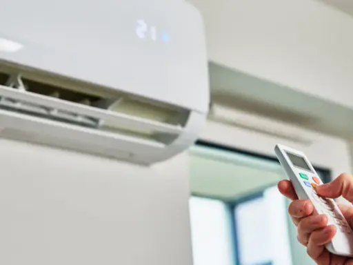 Mano con control remoto ajustando el aire acondicionado a 21 grados. ¿Es mejor apagar el aire acondicionado o dejarlo encendido?