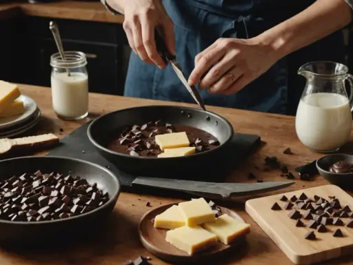 Préparation pour comment faire du chocolat au lait avec du chocolat noir : chocolat noir haché, lait, et des morceaux de beurre dans une poêle.