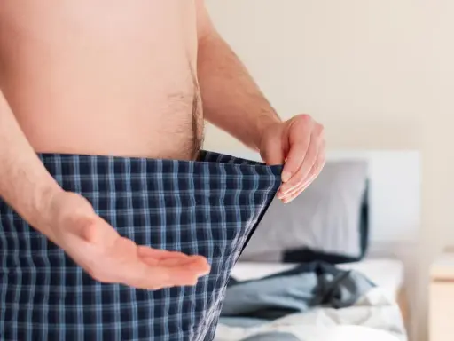 Mann mit Karo-Boxershorts, der sich fragt, ob Rauchstopp Potenz Erfahrungen positiv beeinflusst.