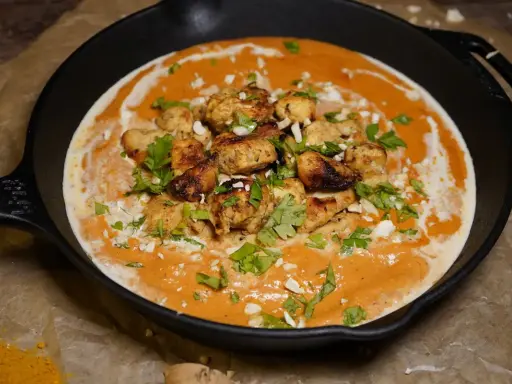 Ein authentisches Butter Chicken Rezept original in einer Gusseisenpfanne, garniert mit Koriander und gehackten Mandeln.