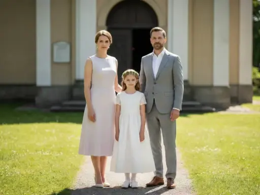 Elegancki strój rodziców na komunię dziecka: mama w jasnej sukience, tata w szarym garniturze, obok córka w bieli.