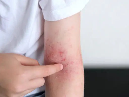 Un bras montre des rougeurs et des irritations, signe d'un possible stress peau.