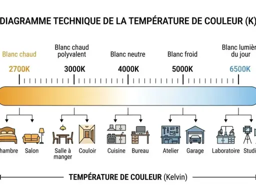 Diagramme de température de couleur, du blanc chaud (2700K) pour une ambiance cosy, au blanc lumière du jour (6500K) pour un laboratoire.