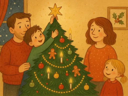 Familjen pyntar julgranen med kulor, pepparkakor och ljus. En fin stund med fakta om jul.