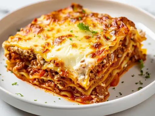 En saftig bit lasagne med lager av köttfärssås, béchamelsås och nybakade lasagneplattor, toppad med smält ost och persilja.