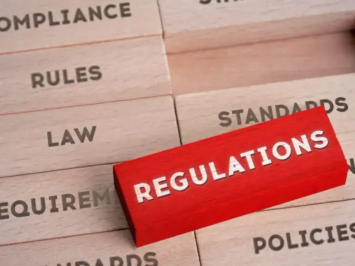 Drewniane klocki z napisami: "Compliance", "Rules", "Law", "Requirements", "Standards", "Policies". Czerwony klocek z napisem "REGULATIONS" wyróżnia się na tle pozostałych, symbolizując kluczowe środki trwałe w biznesie.